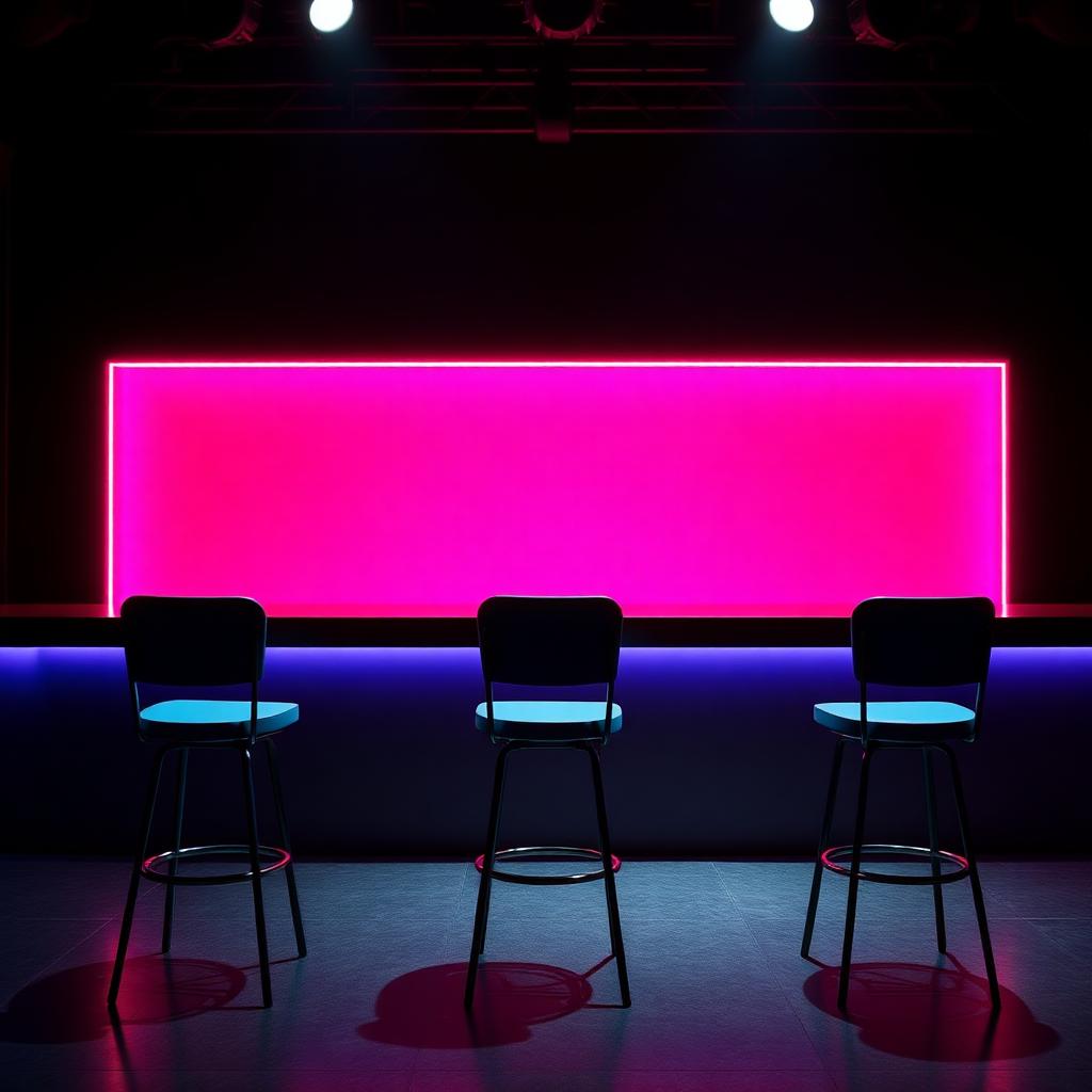 Three empty stools on a pink neon dating show set