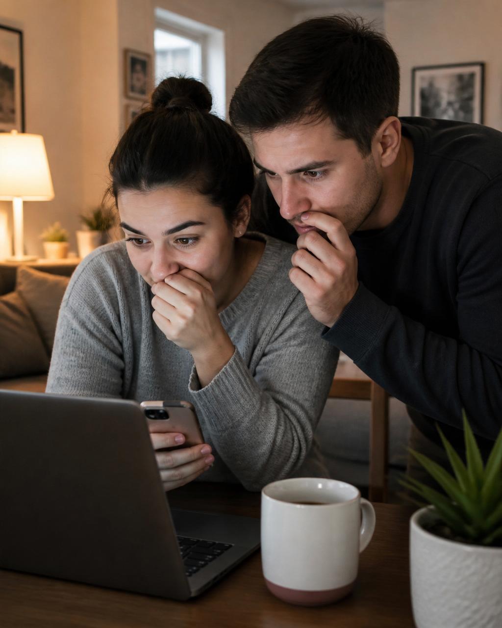 Young couple anxiously waiting for apartment approval news on a laptop and phone