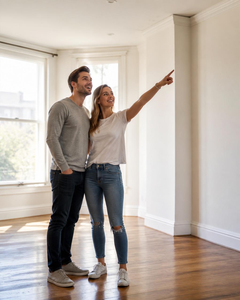 Young couple imagining their future in a sunlit empty apartment living room