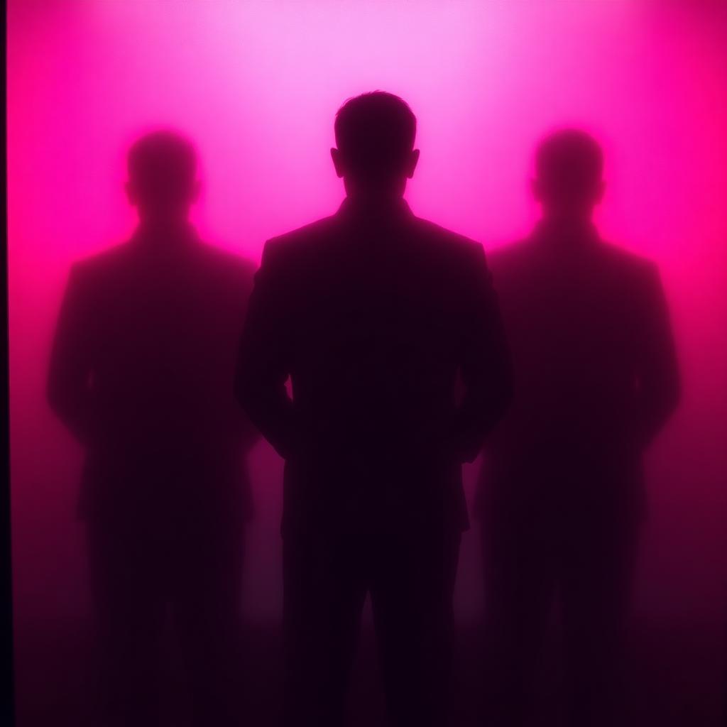 Three silhouettes behind a frosted pink lit wall