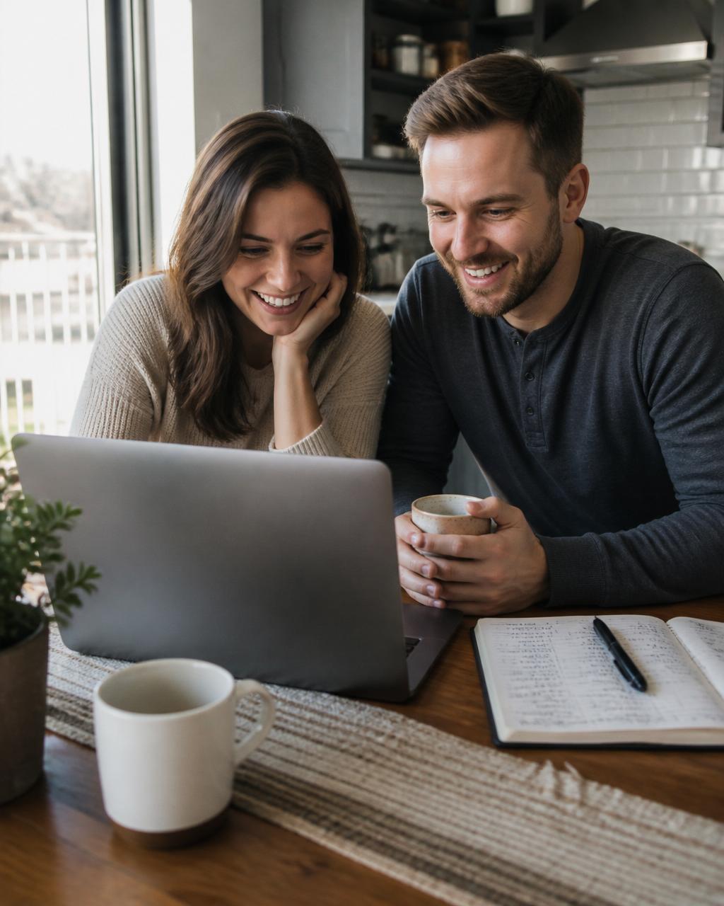 Excited young couple searching apartment listings on a laptop together over morning coffee