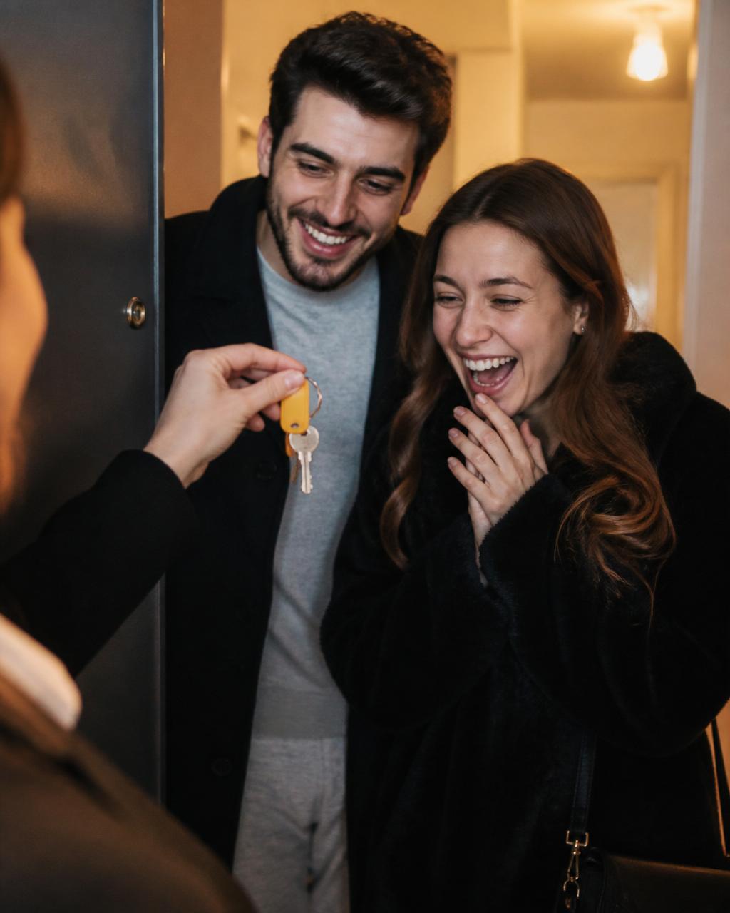 Overjoyed young couple receiving the keys to their first apartment at the doorway