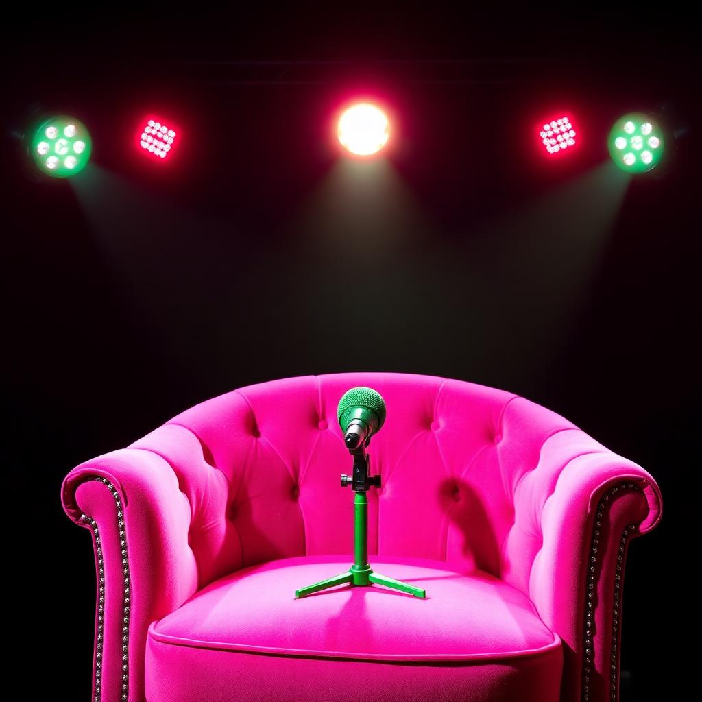 Green street interview microphone on a hot pink velvet chair