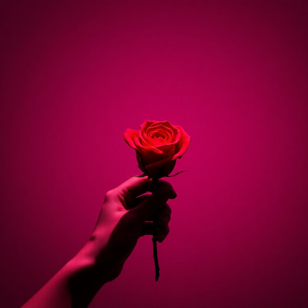 Hand holding a single red rose against magenta backdrop